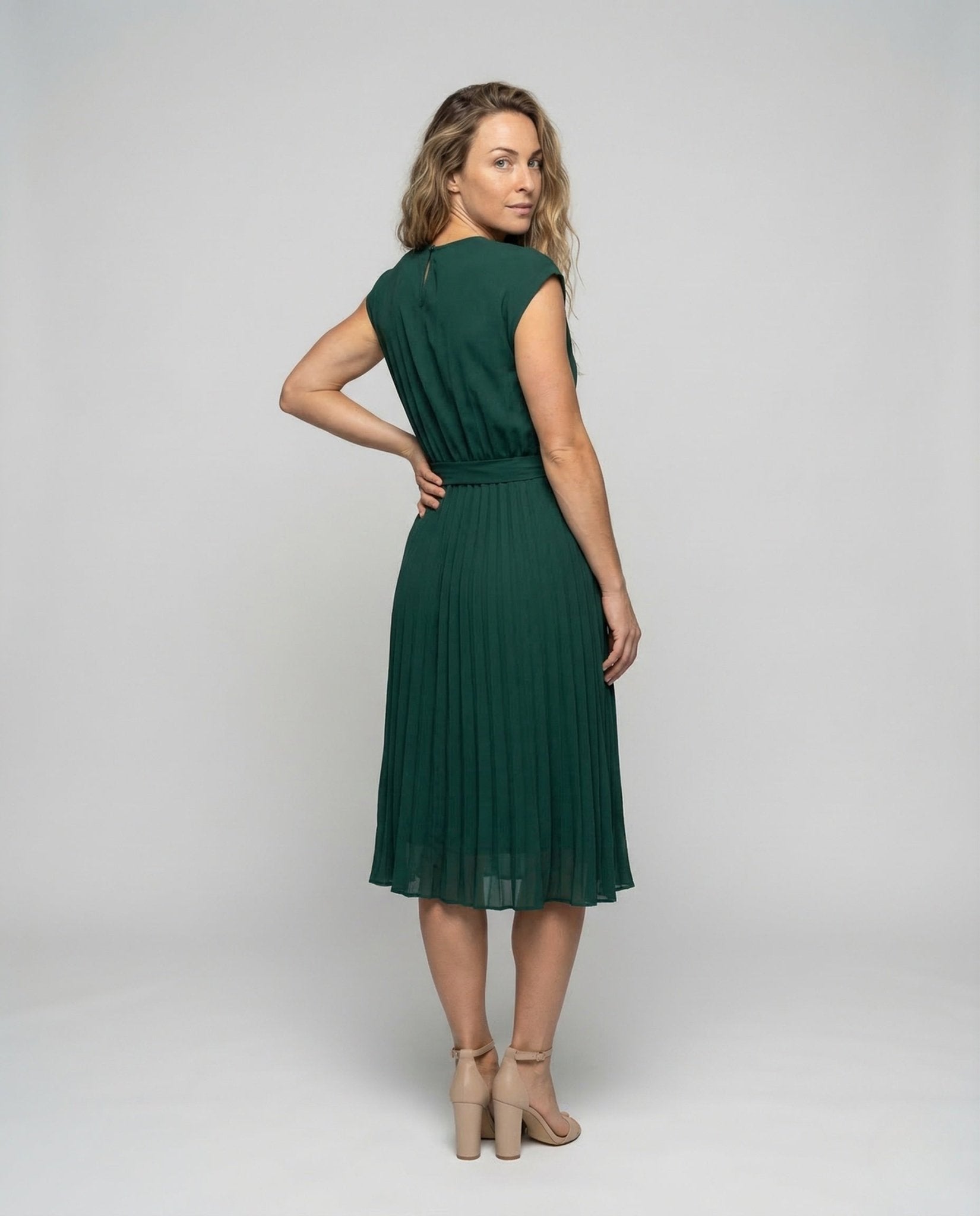 Ladies Midi Dress Pleated Belt Round Neck - Chichicherry
