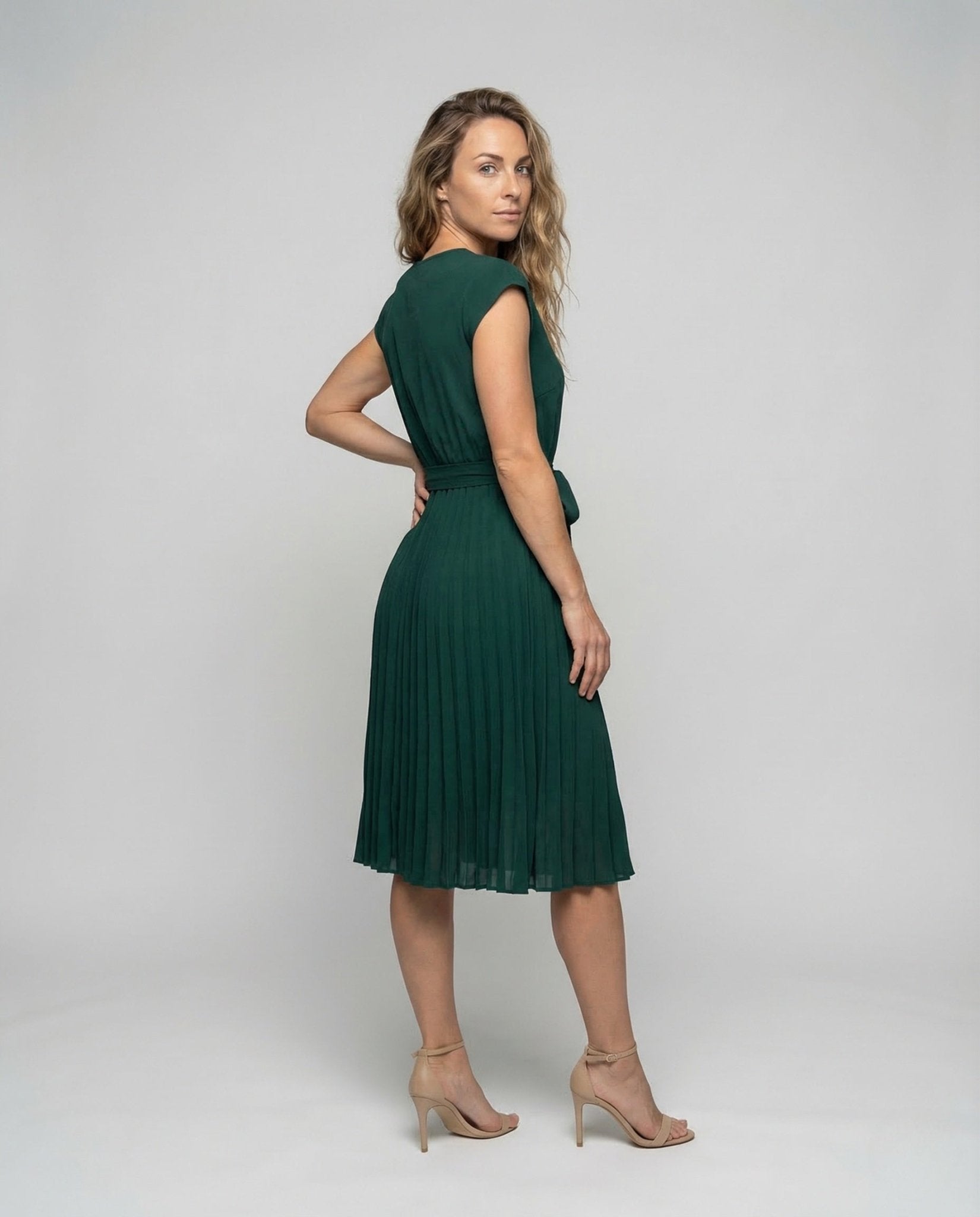 Ladies Midi Dress Pleated Belt Round Neck - Chichicherry