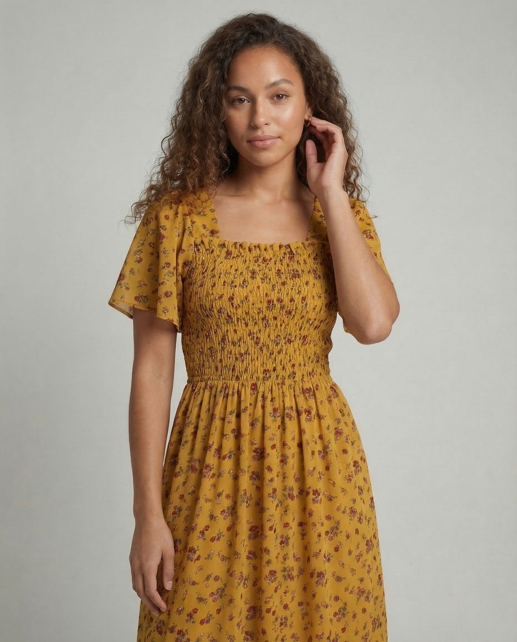 Ladies Midi Dress Smock Puff Sleeves - Chichicherry