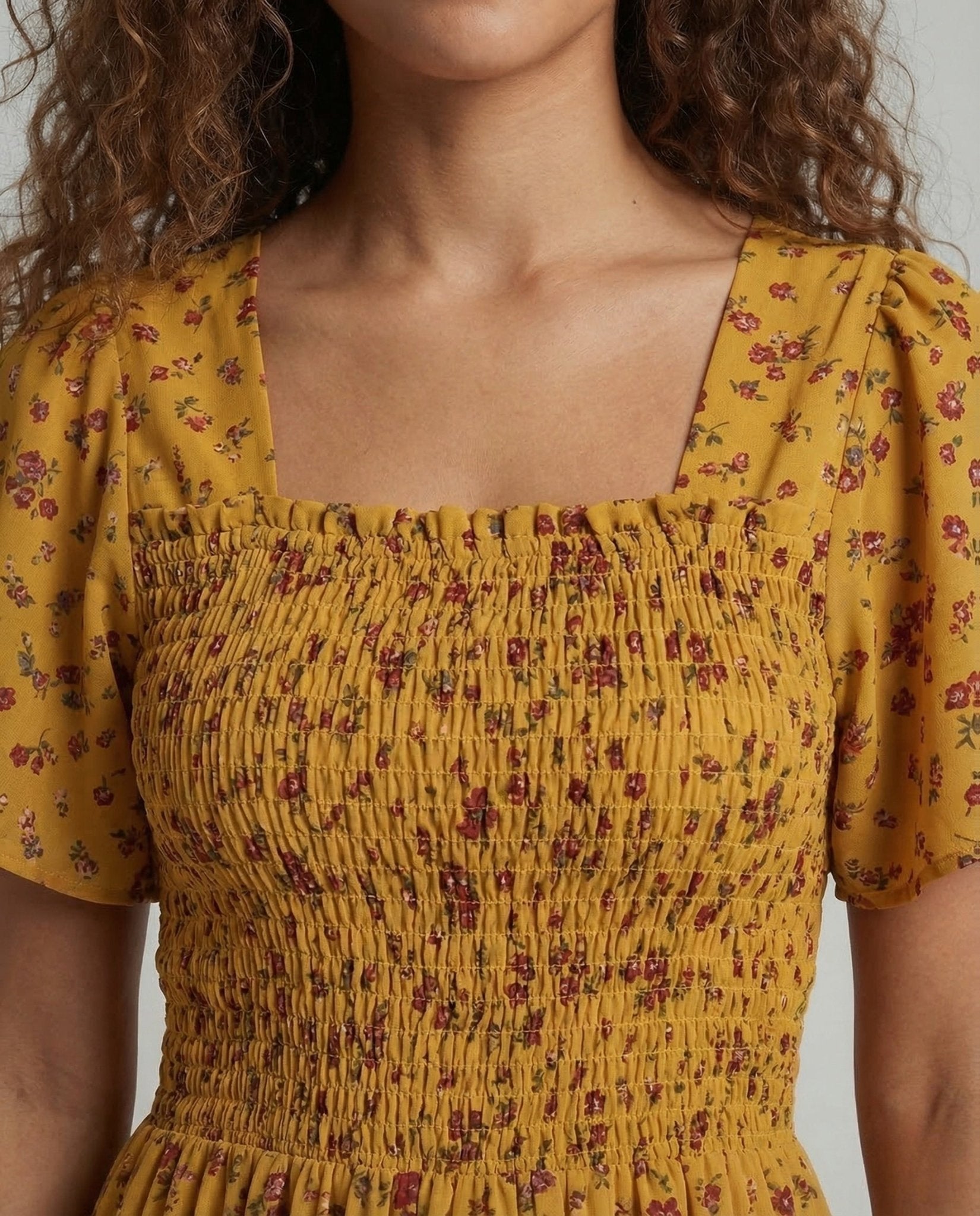 Ladies Midi Dress Smock Puff Sleeves - Chichicherry