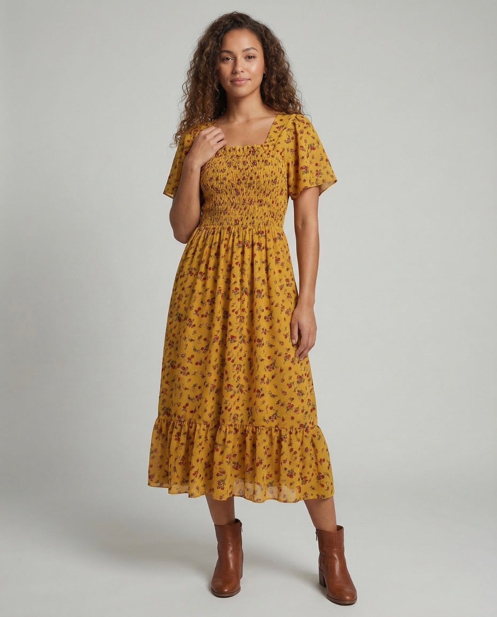 Ladies Midi Dress Smock Puff Sleeves - Chichicherry
