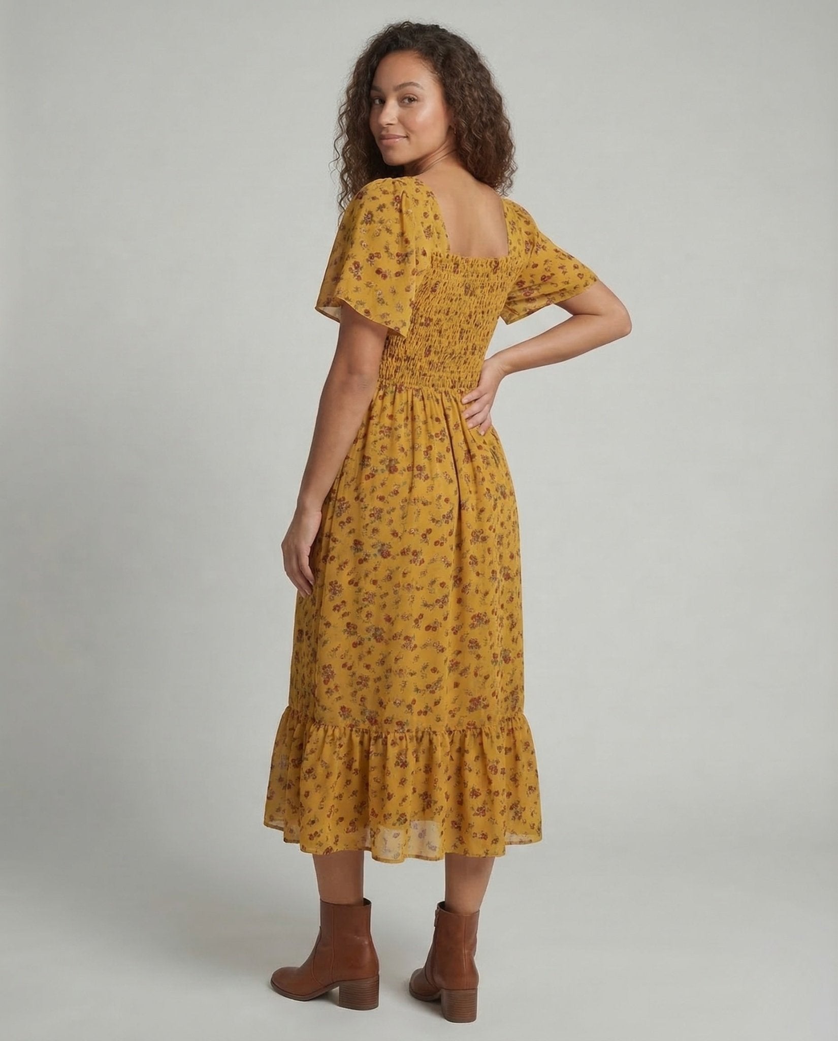 Ladies Midi Dress Smock Puff Sleeves - Chichicherry