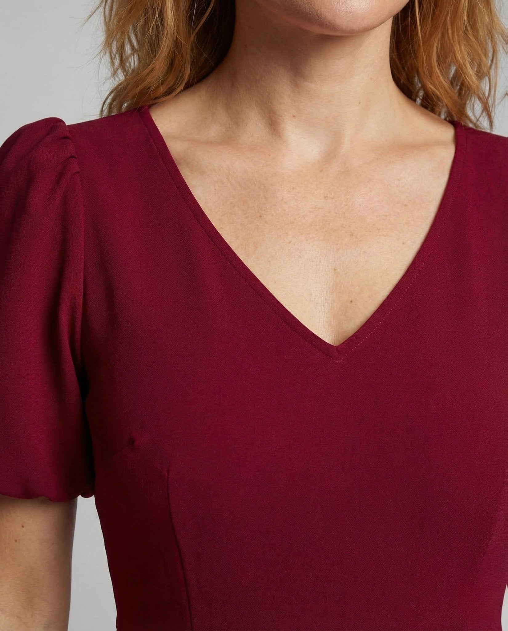 Ladies Midi Dress V Neck Puff Sleeves - Chichicherry