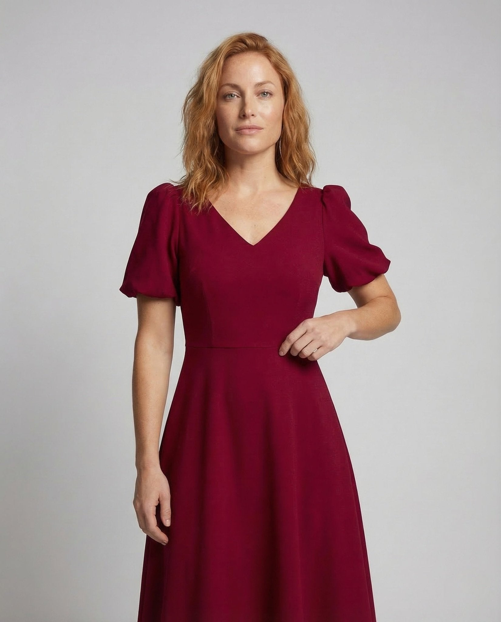 Ladies Midi Dress V Neck Puff Sleeves - Chichicherry