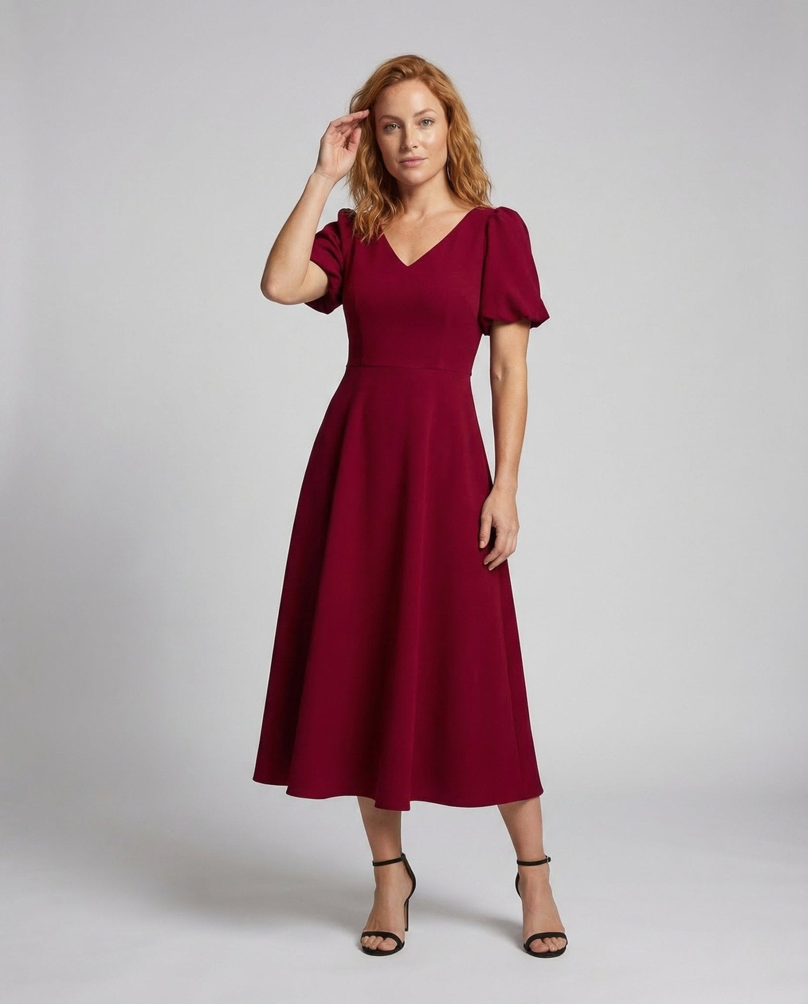 Ladies Midi Dress V Neck Puff Sleeves - Chichicherry