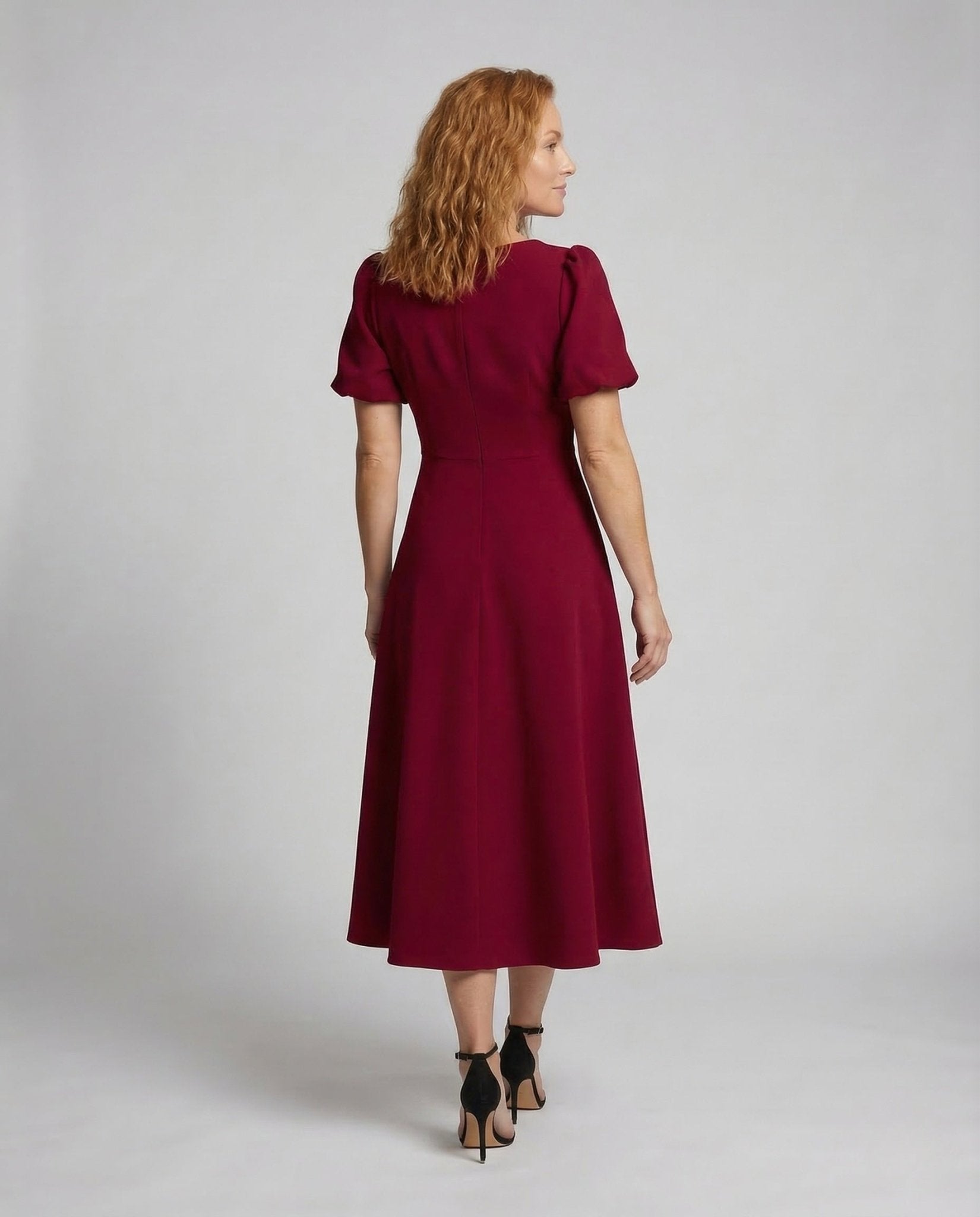 Ladies Midi Dress V Neck Puff Sleeves - Chichicherry