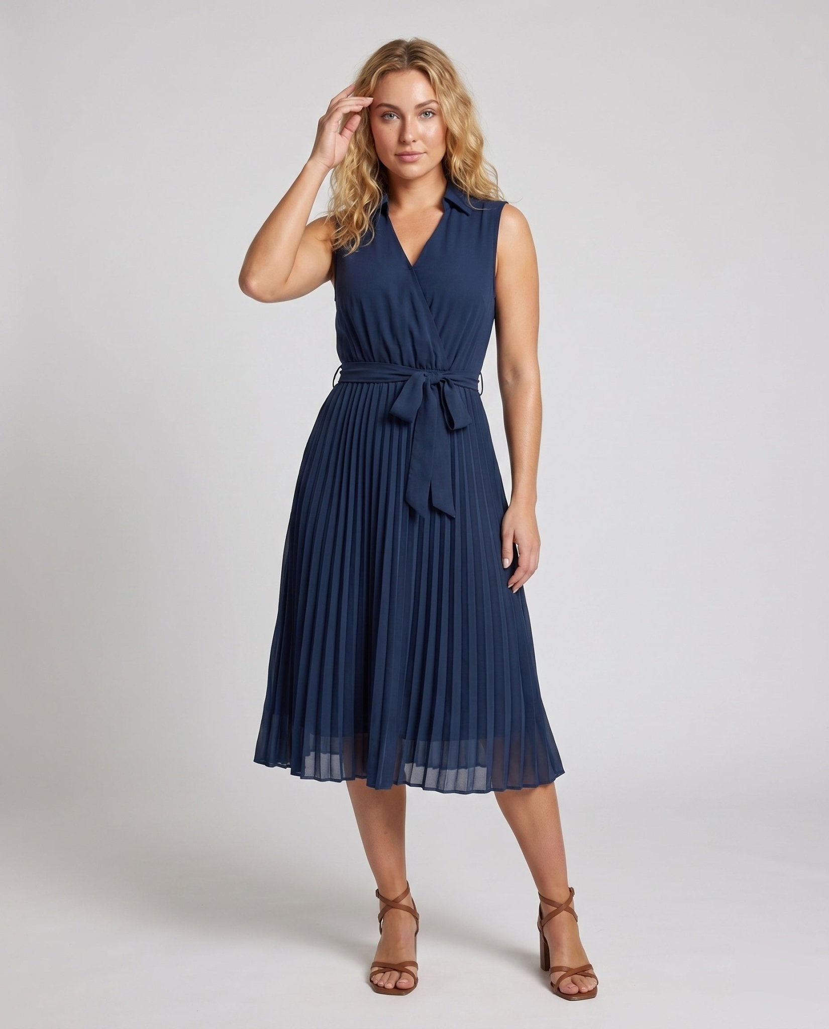 Ladies' midi dress with elegant wrap design and pleated skirt - Chichicherry