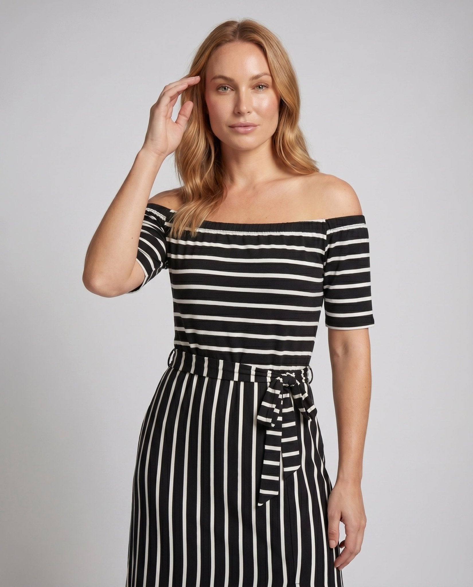 Ladies' midi dress with off-the-shoulder design and striped patterns - Chichicherry