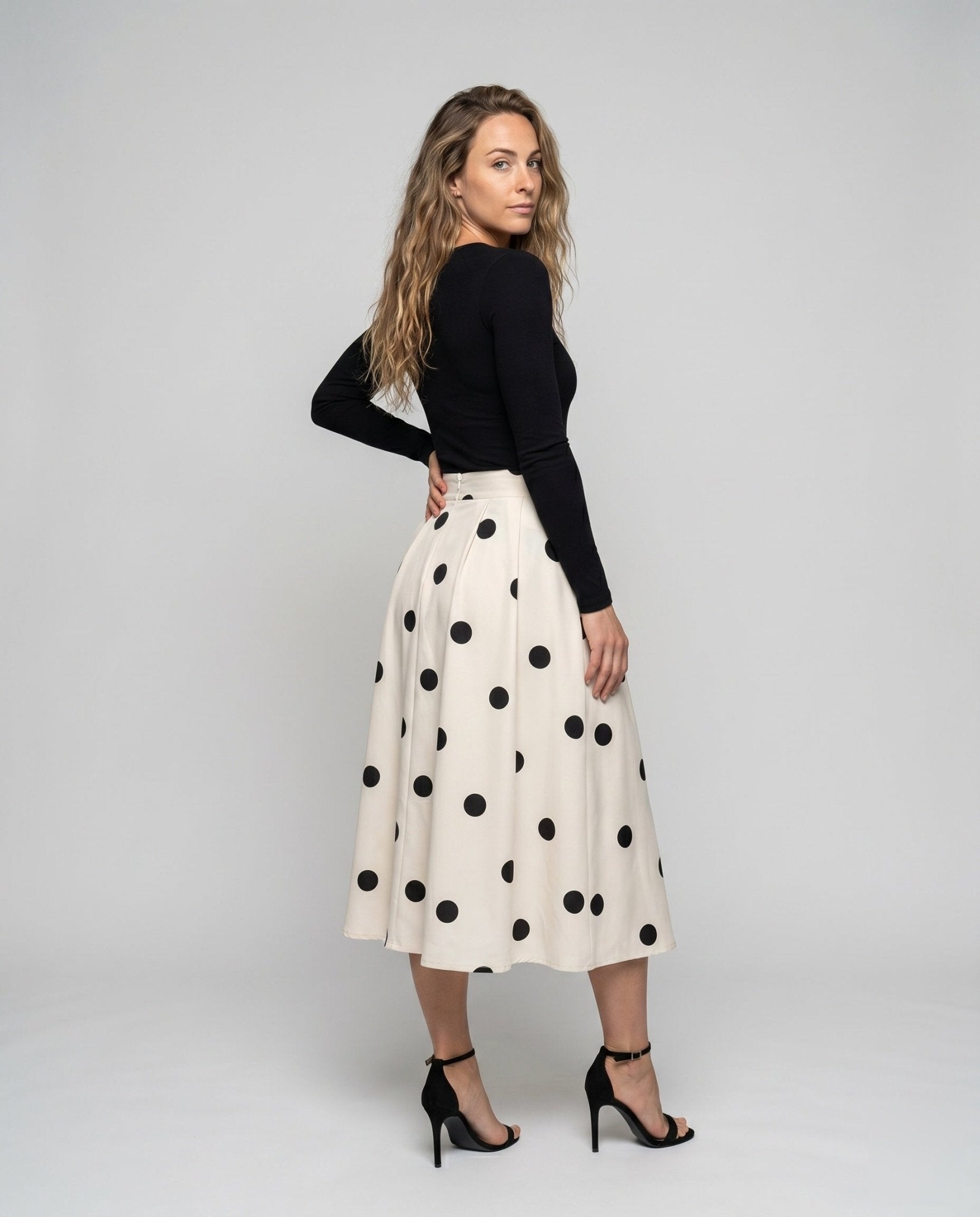 Ladies Midi Skirt with fashionable polka dot pattern and waist belt - Chichicherry