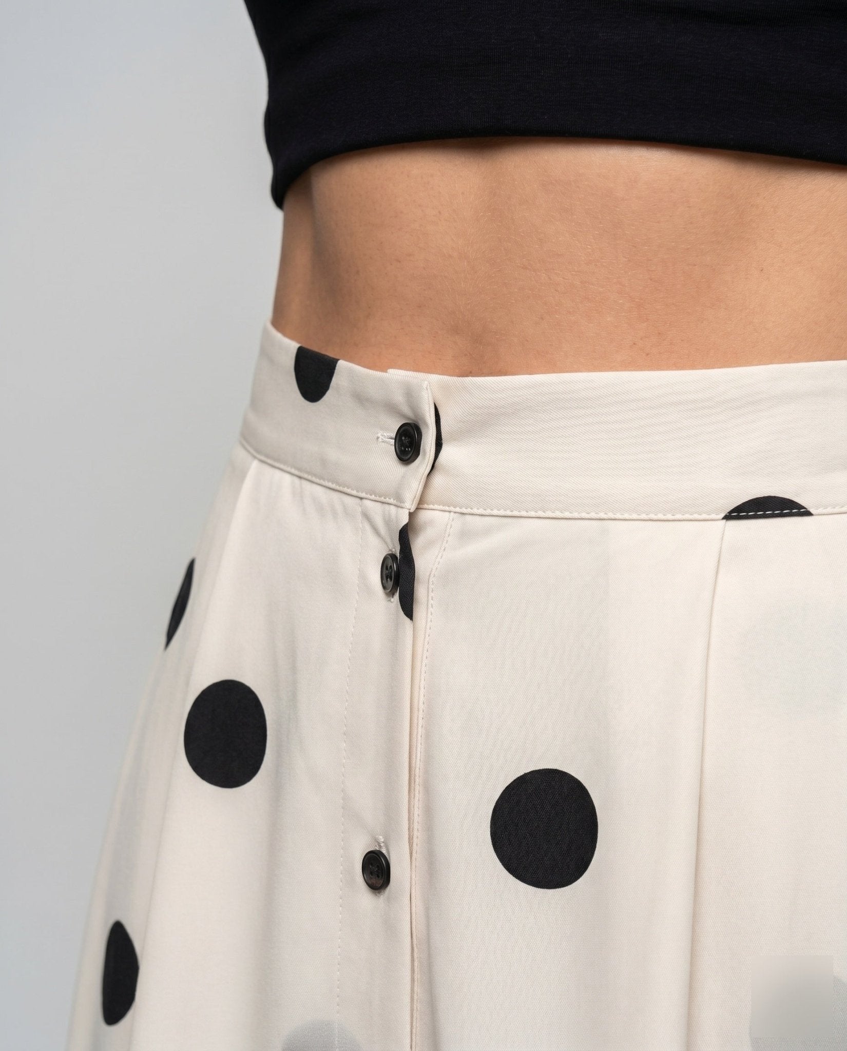 Ladies Midi Skirt with fashionable polka dot pattern and waist belt - Chichicherry