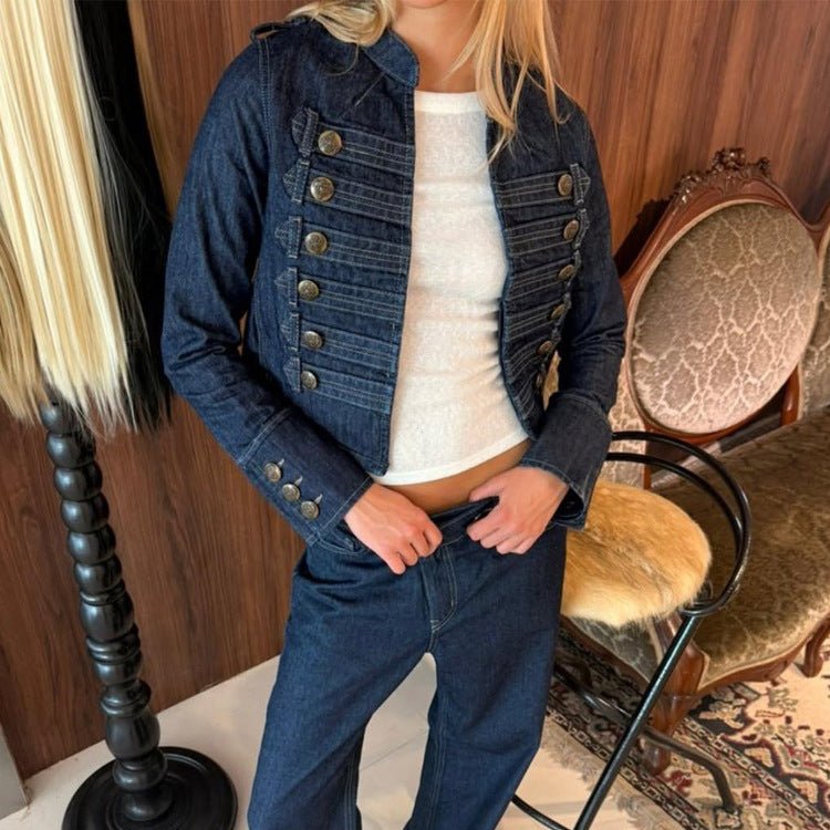 Ladies military-inspired tailored short jacket with decorative pleats and metal buttons Chichicherry - Chichicherry
