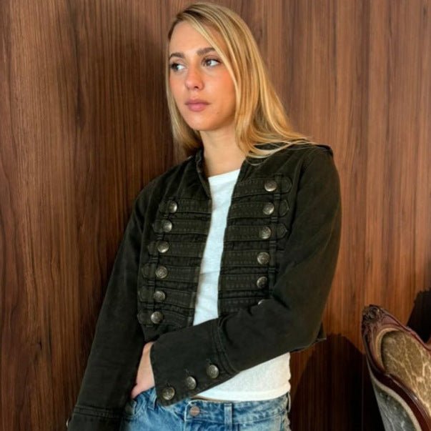 Ladies military-inspired tailored short jacket with decorative pleats and metal buttons Chichicherry - Chichicherry