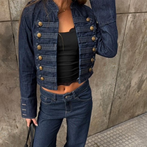 Ladies military-inspired tailored short jacket with decorative pleats and metal buttons Chichicherry - Chichicherry