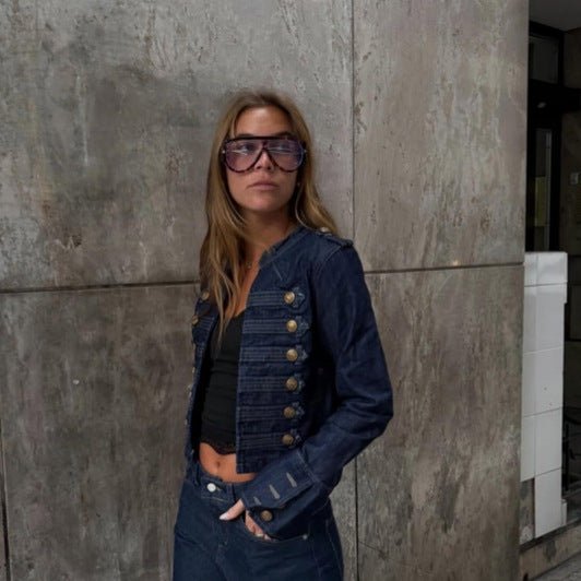 Ladies military-inspired tailored short jacket with decorative pleats and metal buttons Chichicherry - Chichicherry