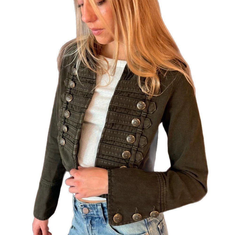 Ladies military-inspired tailored short jacket with decorative pleats and metal buttons Chichicherry - Chichicherry
