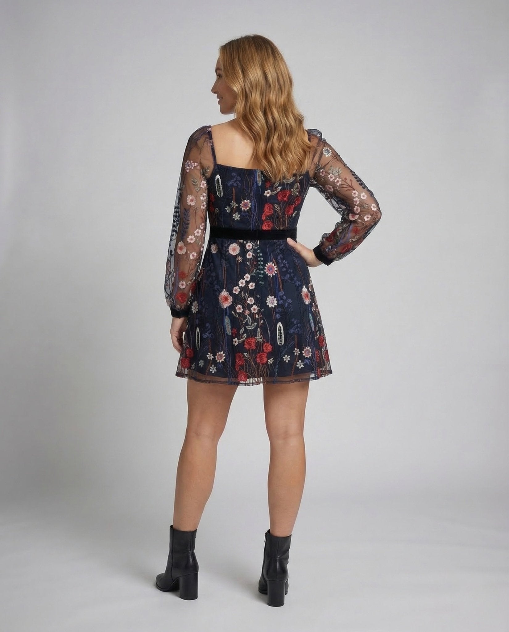 Ladies Mini Dress Embroidery Mesh Sleeves Square Neckline - Chichicherry
