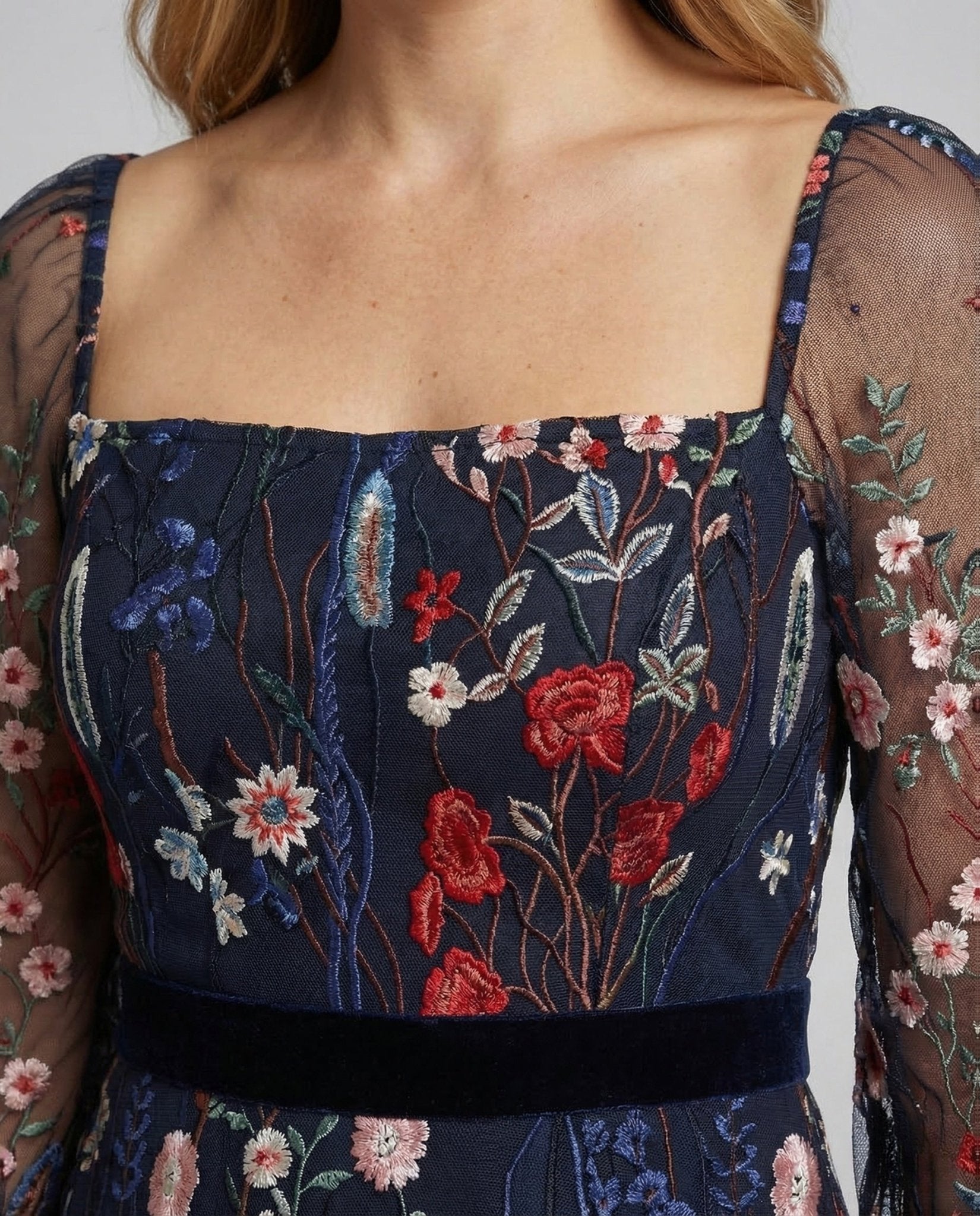 Ladies Mini Dress Embroidery Mesh Sleeves Square Neckline - Chichicherry