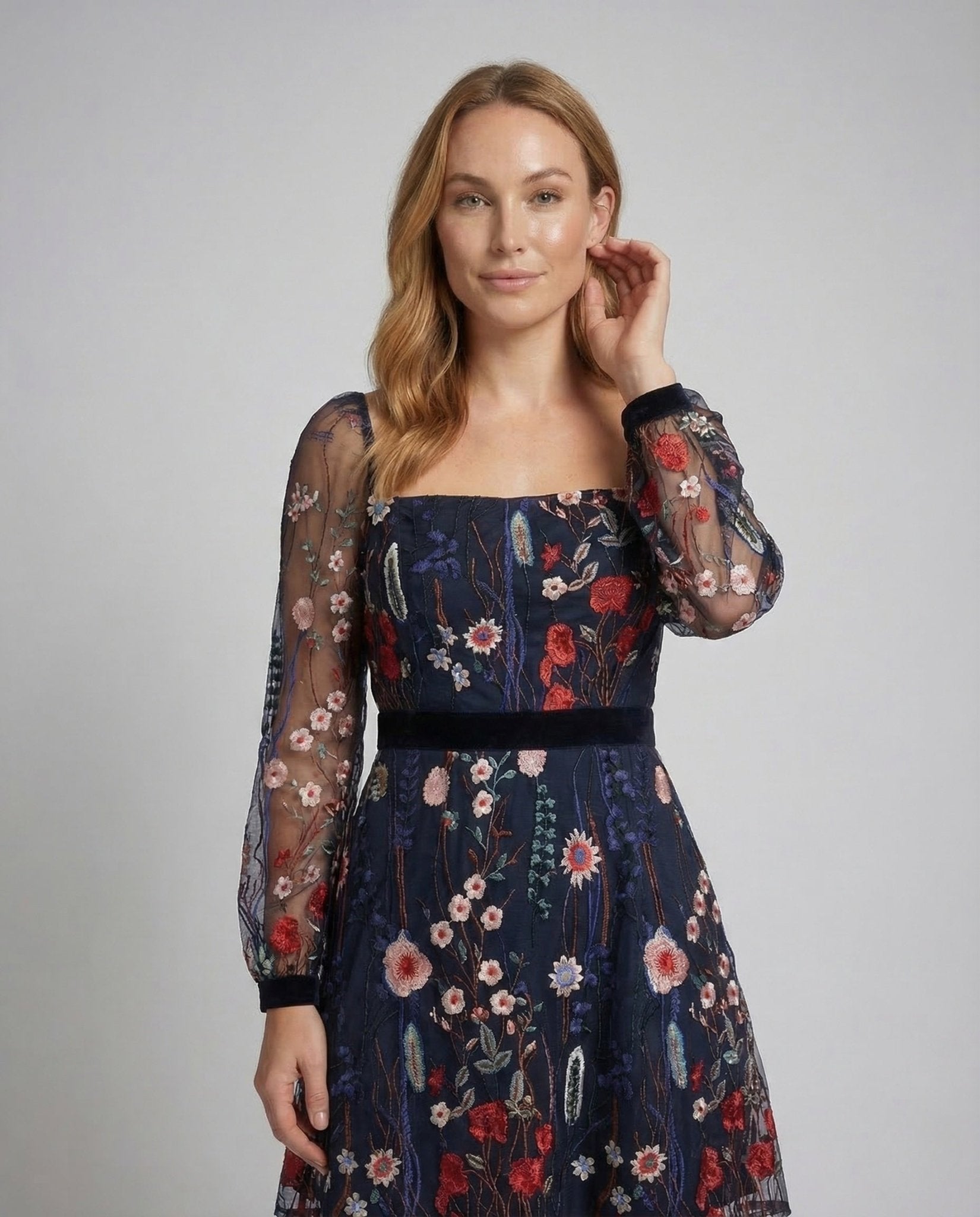 Ladies Mini Dress Embroidery Mesh Sleeves Square Neckline - Chichicherry
