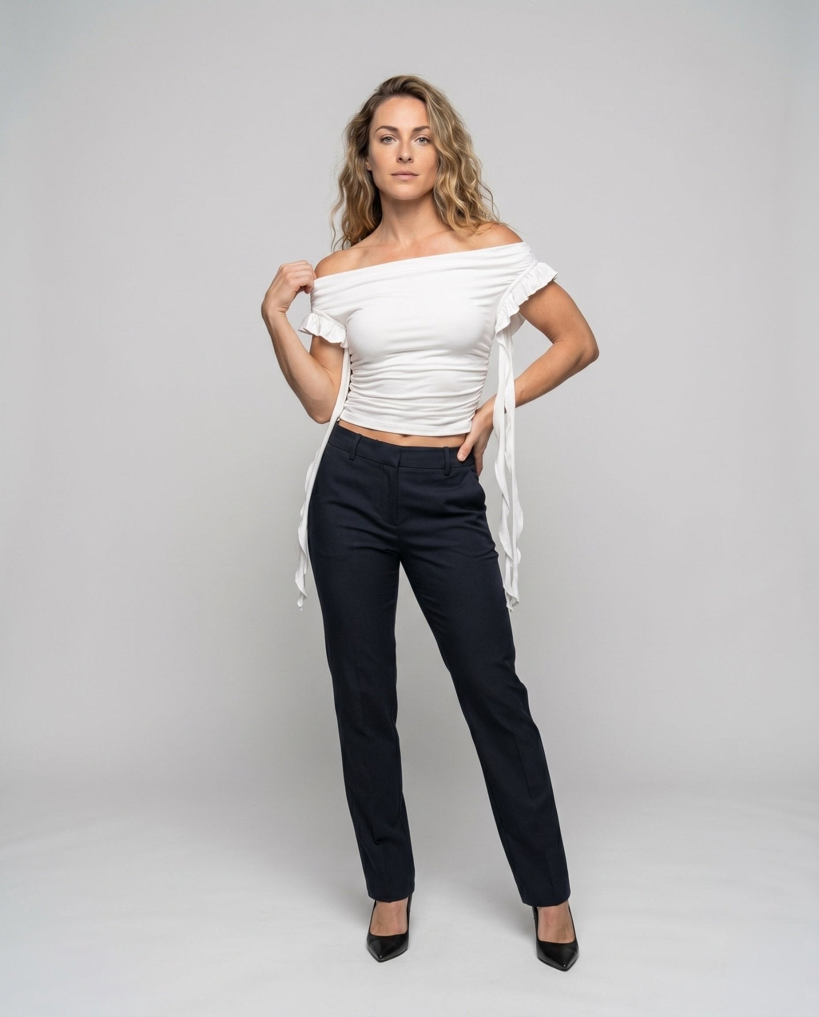 Ladies Off-Shoulder Crop Top with voluminous ruffle detail - Chichicherry