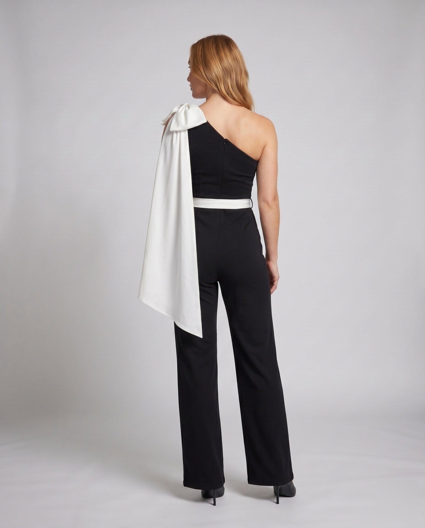 Ladies One-Shoulder Jumpsuit with elegant bow application and fitted belt - Chichicherry