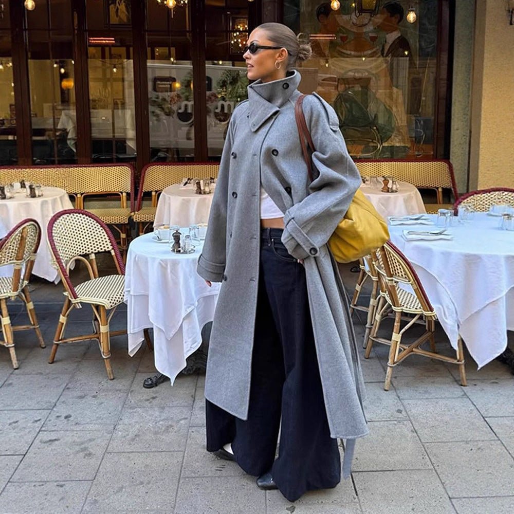 Ladies Oversize Coat made of Wool Mix with High Stand-Up Collar and Asymmetrical Button Placket Chichicherry - Chichicherry