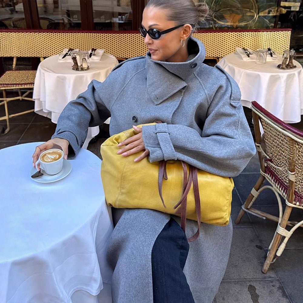 Ladies Oversize Coat made of Wool Mix with High Stand-Up Collar and Asymmetrical Button Placket Chichicherry - Chichicherry