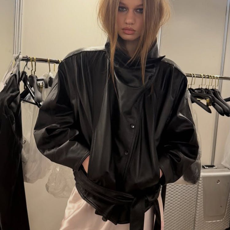 Ladies Oversize Faux Leather Bomber Jacket with High Standing Collar and Waist Belt Chichicherry - Chichicherry