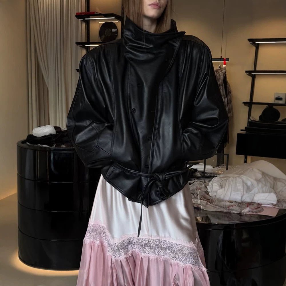 Ladies Oversize Faux Leather Bomber Jacket with High Standing Collar and Waist Belt Chichicherry - Chichicherry