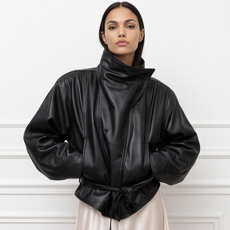 Ladies Oversize Faux Leather Bomber Jacket with High Standing Collar and Waist Belt Chichicherry - Chichicherry