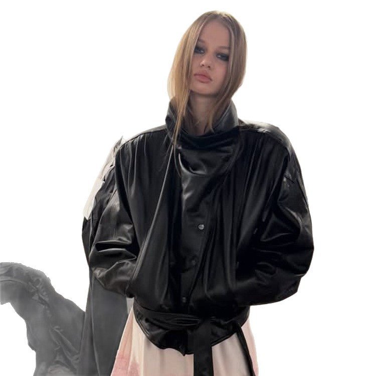 Ladies Oversize Faux Leather Bomber Jacket with High Standing Collar and Waist Belt Chichicherry - Chichicherry