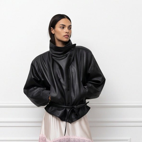 Ladies Oversize Faux Leather Bomber Jacket with High Standing Collar and Waist Belt Chichicherry - Chichicherry