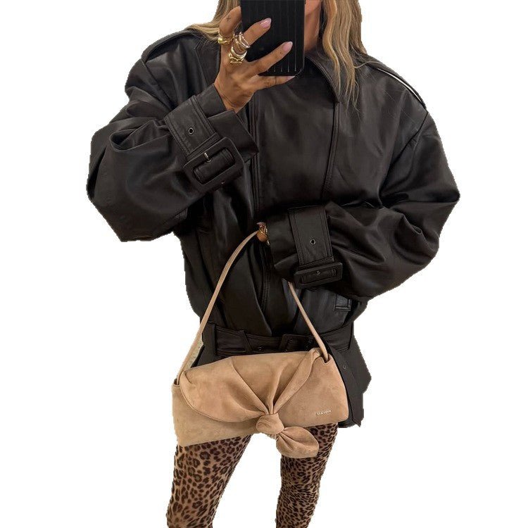 Ladies Oversize Leather Jacket with Tailoring Tie Belt and Ruffle Hem Chichicherry - Chichicherry