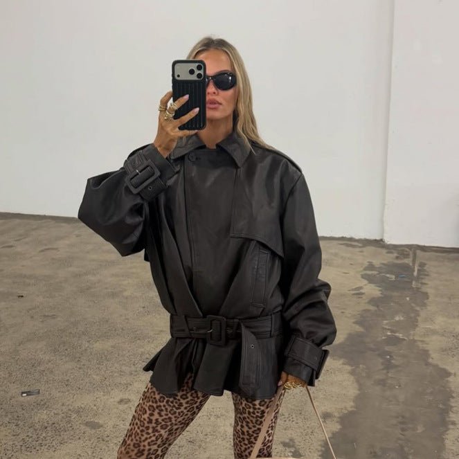 Ladies Oversize Leather Jacket with Tailoring Tie Belt and Ruffle Hem Chichicherry - Chichicherry