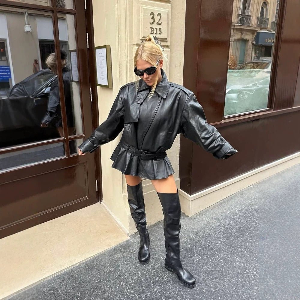 Ladies Oversize Leather Jacket with Tailoring Tie Belt and Ruffle Hem Chichicherry - Chichicherry