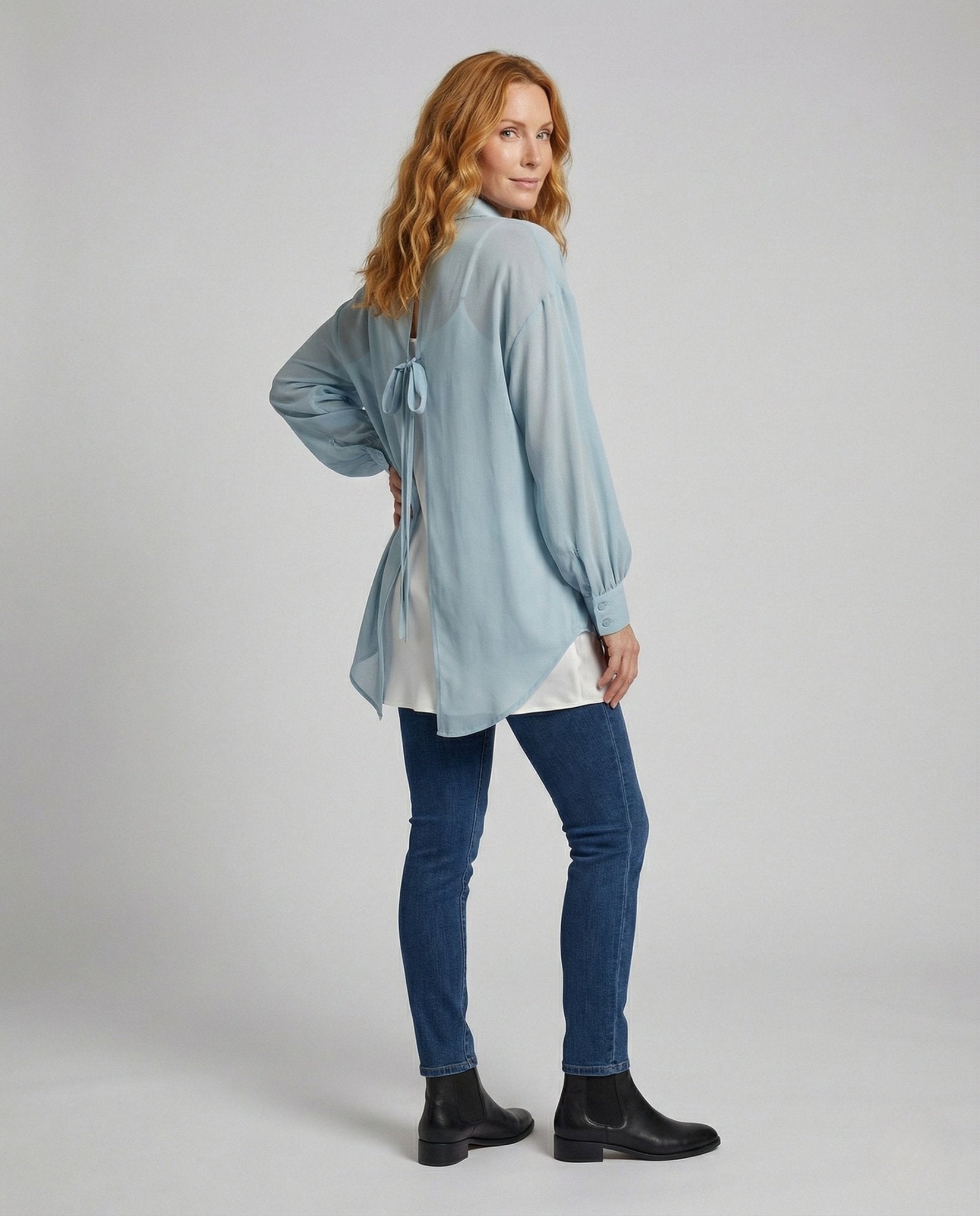 Ladies Oversize Shirt Blouse with Cut Out Back - Chichicherry