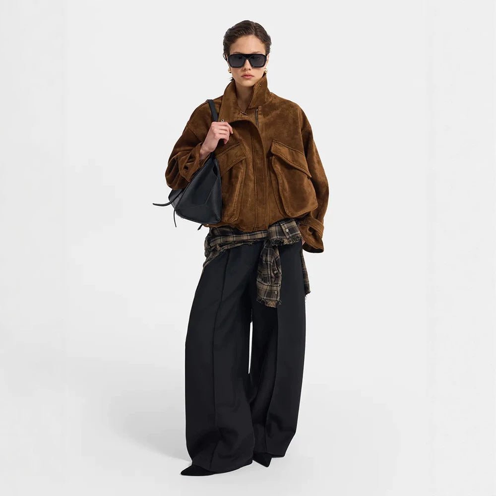 Ladies Oversize Suede Blouson with Large Flap Pockets and Stand-up Collar Chichicherry - Chichicherry