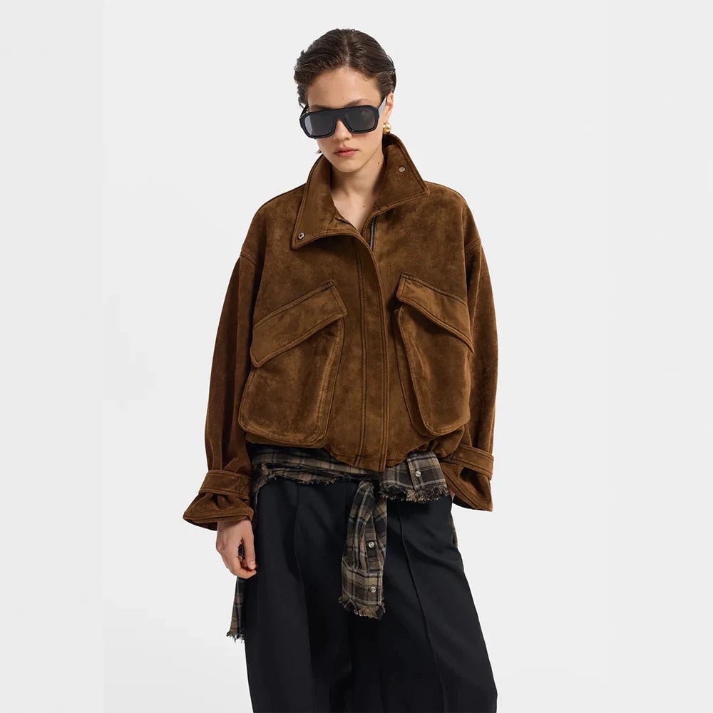 Ladies Oversize Suede Blouson with Large Flap Pockets and Stand-up Collar Chichicherry - Chichicherry