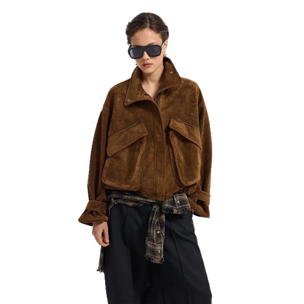 Ladies Oversize Suede Blouson with Large Flap Pockets and Stand-up Collar Chichicherry - Chichicherry