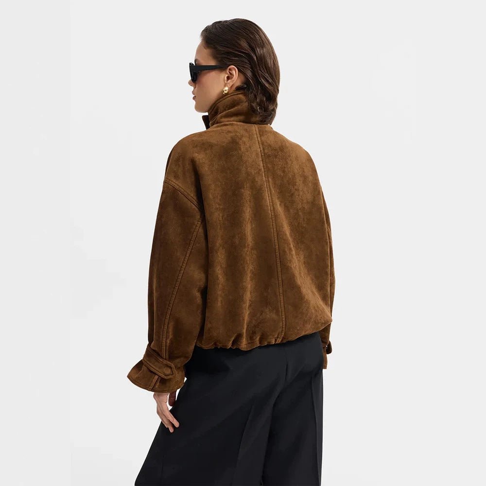 Ladies Oversize Suede Blouson with Large Flap Pockets and Stand-up Collar Chichicherry - Chichicherry
