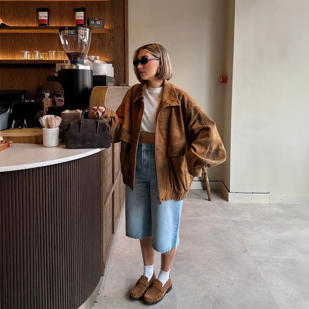Ladies Oversize Suede Bomber Jacket with Elastic Hem Chichicherry - Chichicherry