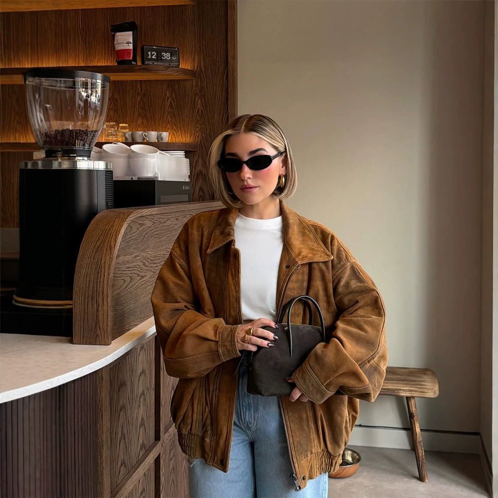 Ladies Oversize Suede Bomber Jacket with Elastic Hem Chichicherry - Chichicherry