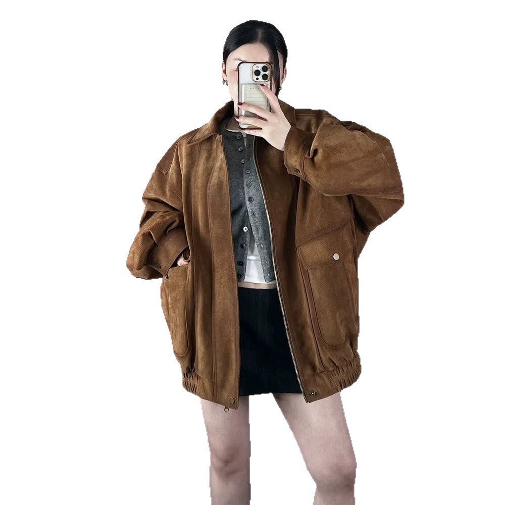 Ladies Oversize Suede Bomber Jacket with Elastic Hem Chichicherry - Chichicherry