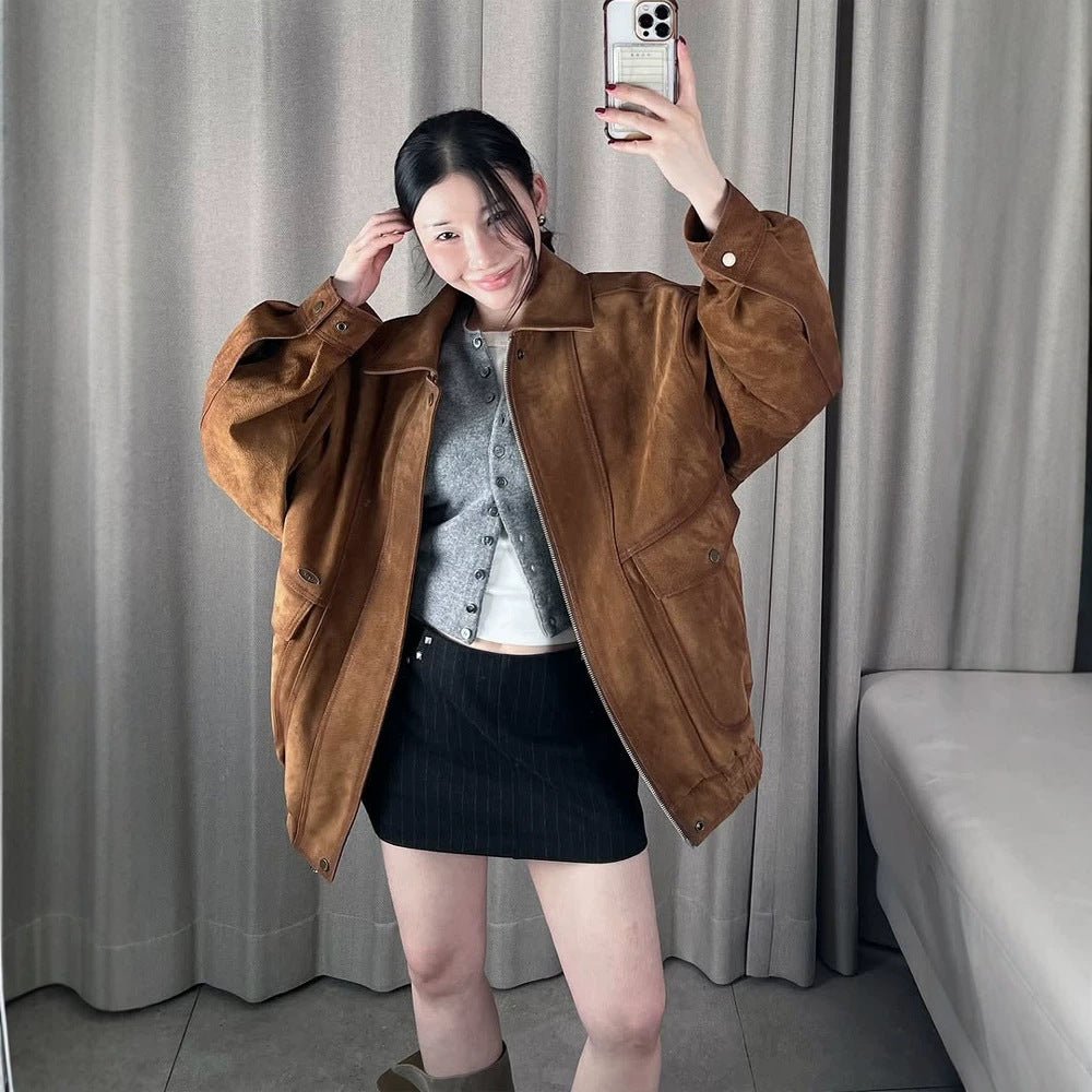 Ladies Oversize Suede Bomber Jacket with Elastic Hem Chichicherry - Chichicherry