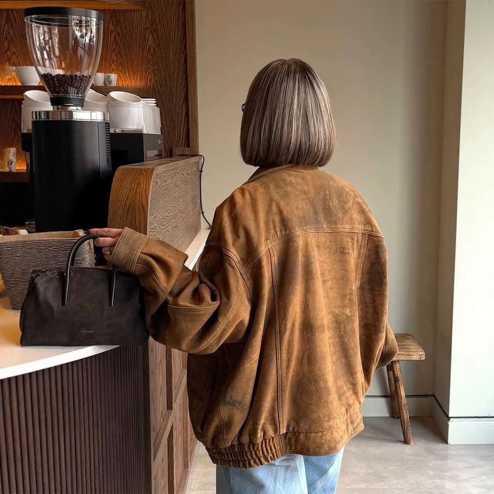 Ladies Oversize Suede Bomber Jacket with Elastic Hem Chichicherry - Chichicherry