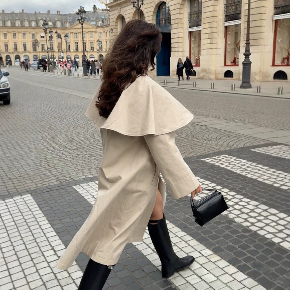 Ladies Oversize Trench Coat with Cape Detail and High Stand Collar Chichicherry - Chichicherry