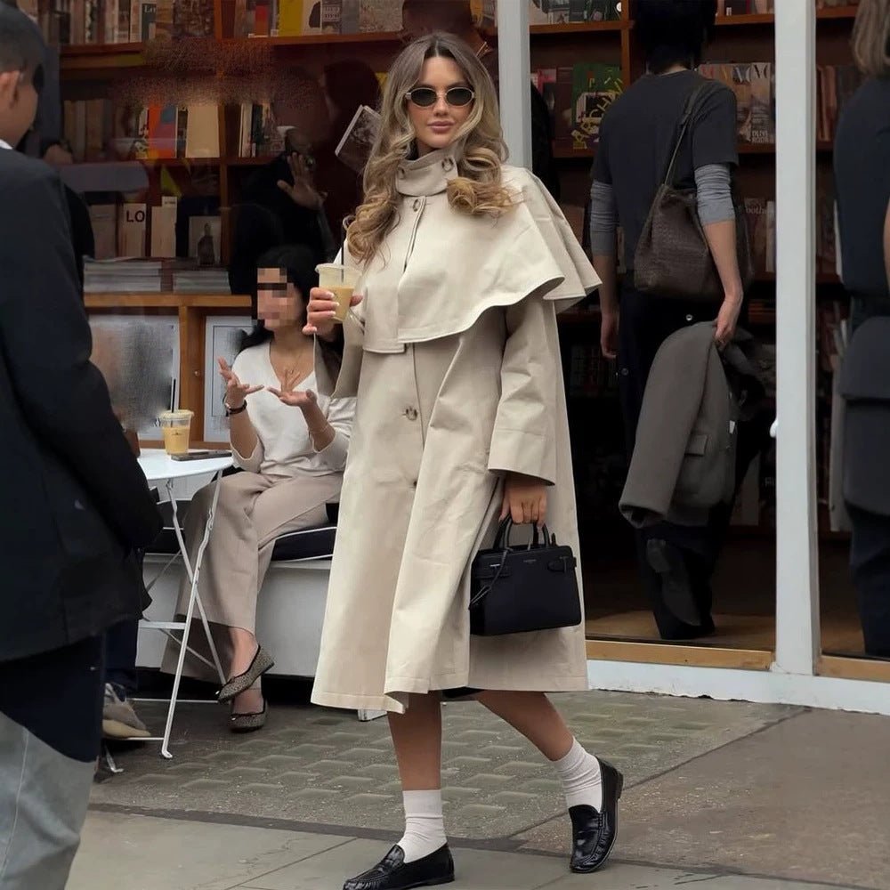 Ladies Oversize Trench Coat with Cape Detail and High Stand Collar Chichicherry - Chichicherry
