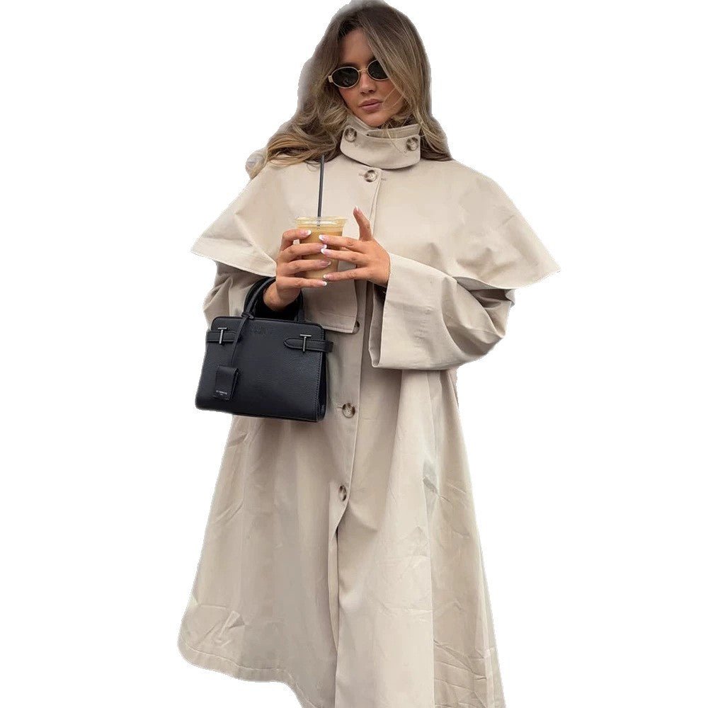 Ladies Oversize Trench Coat with Cape Detail and High Stand Collar Chichicherry - Chichicherry