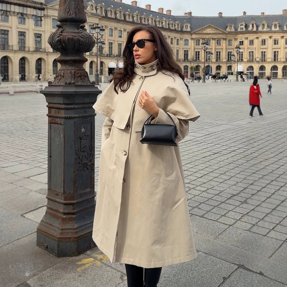 Ladies Oversize Trench Coat with Cape Detail and High Stand Collar Chichicherry - Chichicherry