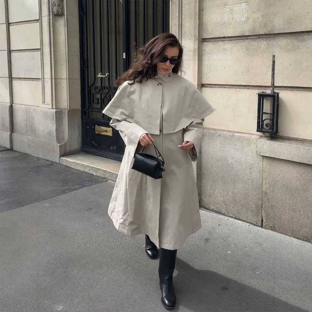 Ladies Oversize Trench Coat with Cape Detail and High Stand Collar Chichicherry - Chichicherry