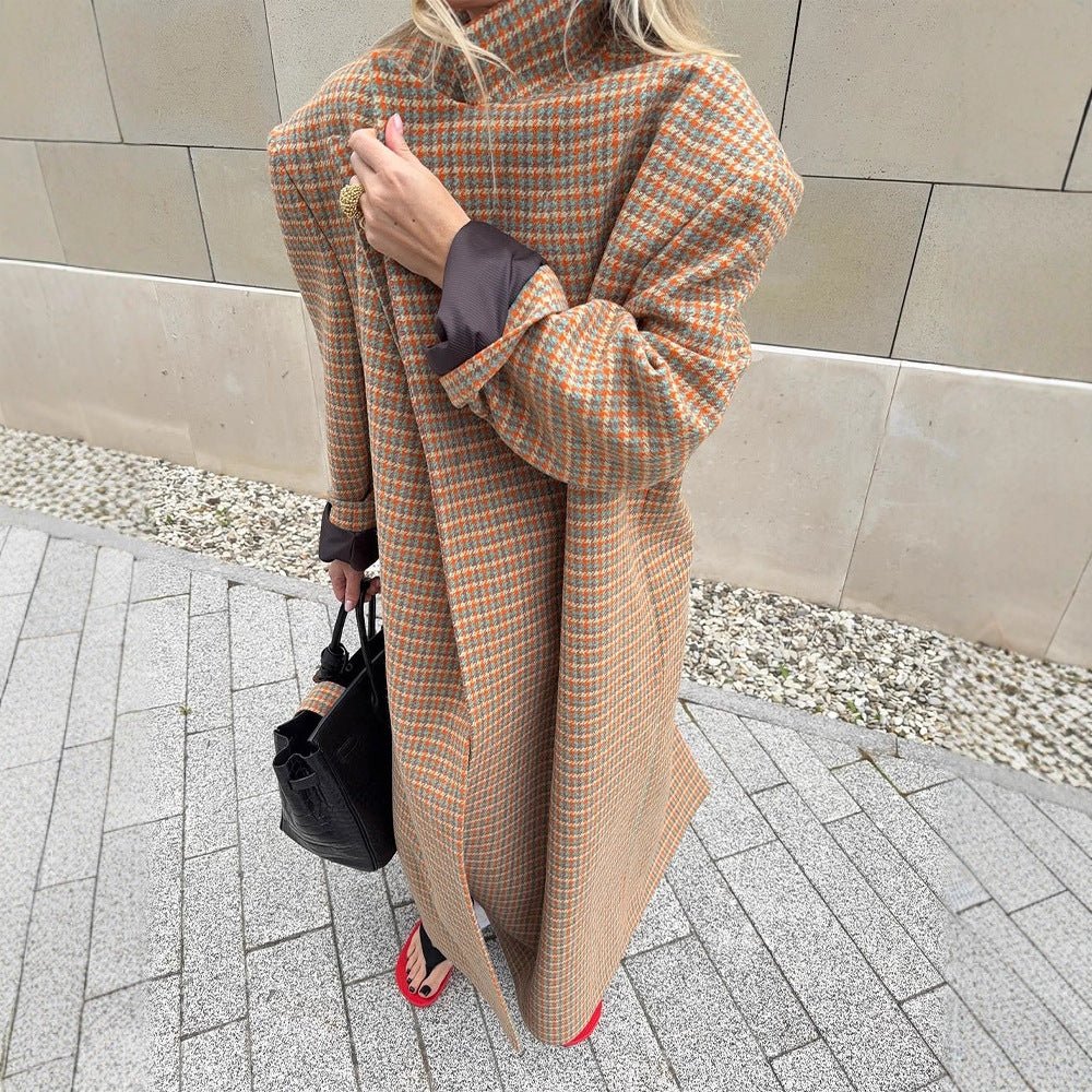 Ladies Oversize Wool Coat with Houndstooth Pattern and Waist Belt Chichicherry - Chichicherry
